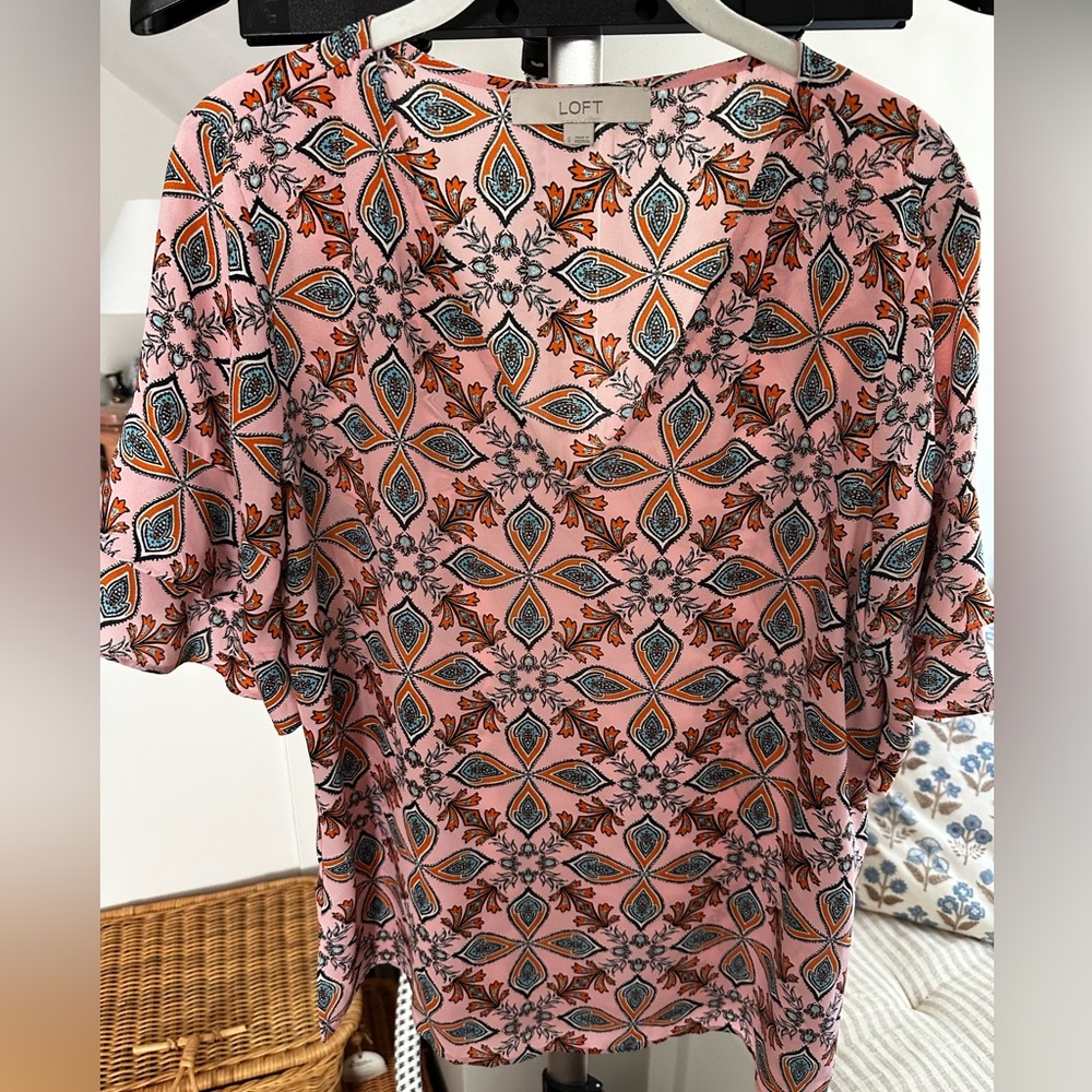 LOFT Pink and Orange Geometric Blouse